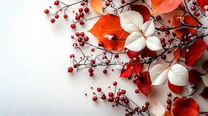 Wall Mural - Red Berries and Autumn Leaves with Snow on White Background