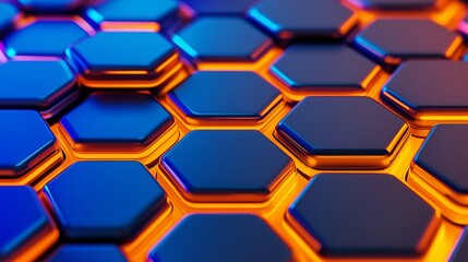 Poster - A close up of a blue and orange hexagonal pattern. The blue and orange colors create a sense of warmth and energy. The pattern is made up of small
