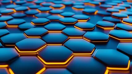 Poster - A blue and orange hexagonal pattern with a bright orange glow. The pattern is made up of many small hexagons that are all connected to each other