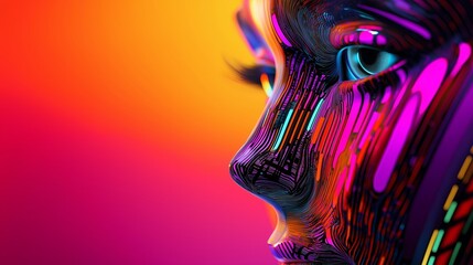 Poster - A colorful face with a blue eye and a pink nose. The face is surrounded by a bright orange background