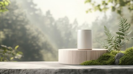 Stylized wooden podium with geometric shapes, showcasing skincare product.