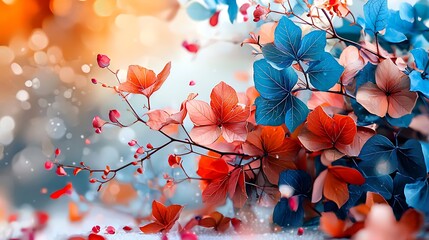 Wall Mural - Red and Blue Leaves with Bokeh Background