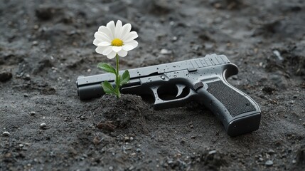 Renewal of Hope: Gun on Battlefield with Flower Blooming in Barrel Signifying Peaceful Rebirth, Generative Ai