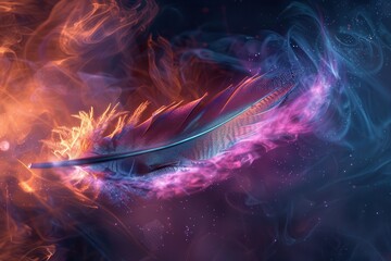 A holographic feather, gently floating in space and shifting colors with subtle movement.