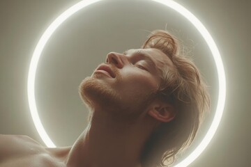 Canvas Print - Profile of a man basking in a soft halo of light eyes closed in deep relaxation surrounded by a gentle ethereal atmosphere that conveys spiritual awakening and inner peace