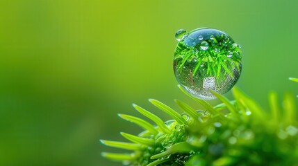 Dew Drop. Green Grass Reflecting in Dew Drop on Leaf