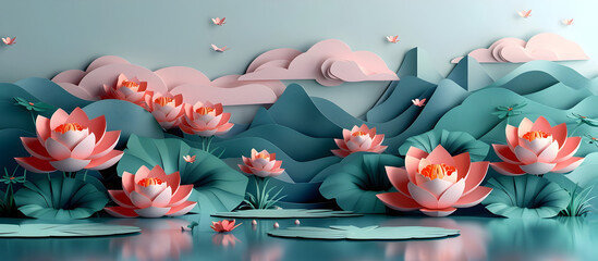 Wall Mural - Tranquil Paper Garden with Vibrant Water Lilies and Peaceful Pond in Pastel