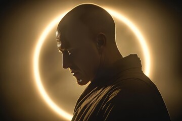 Poster - Contemplative man standing in a dark room with a glowing halo behind him symbolizing introspection spiritual depth and the contrast between light and shadow