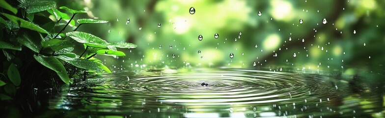 Wall Mural - A small puddle of water is surrounded by green leaves