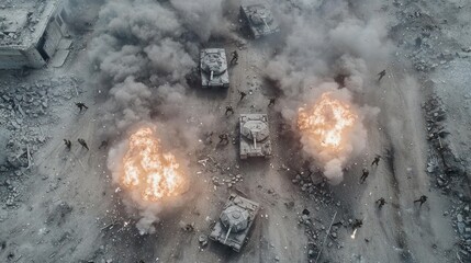 aerial view of intense battle in war zone with tanks, soldiers, and smoke | military conflict scene 