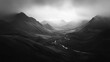 © Terablete - Dramatic black and white landscape of a misty valley with flowing river in the mountains at dawn