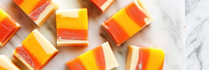 Wall Mural - Candy Corn Fudge Cubes on a White Cutting Board