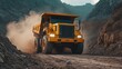 © Terablete - Yellow dump truck transporting material along a dusty road in a mountainous area at dusk