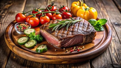 Delicious beef steak served with fresh vegetables on a wooden plate , steak, beef, vegetables, food, dinner, meal, gourmet