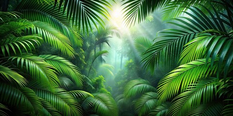 Naklejka na meble Green palm leaves creating a tropical rainforest background, nature, abstract, foliage