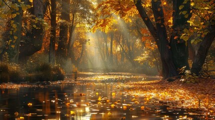 Tranquil autumn forest  golden leaves, soft sunlight, reflective river, serene natural scenery