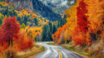 Wall Mural - Drive through a beautiful forest in autumn and enjoy the colorful scenery. --ar 16:9 --v 6.1 Job ID: b431d48d-7afd-42c3-b34d-c9b8776495c5