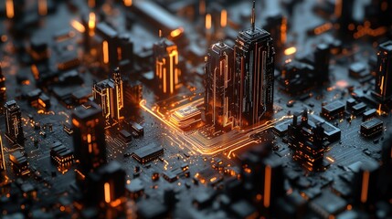 Poster - A futuristic city built on a circuit board. Illustrates the concept of a city powered by technology.