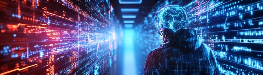 Poster - a person in a futuristic data center, surrounded by streams of digital information and glowing light