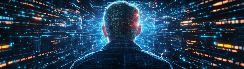 Poster - A person observing a vibrant digital landscape, symbolizing technology and innovation in a futuristic environment.