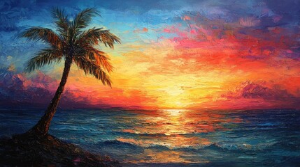 Wall Mural - a vibrant tropical sunset with a palm tree. perfect for a travel, nature, or vacation theme.