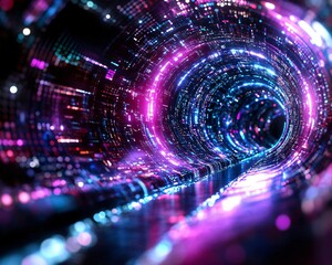 Poster - Colorful digital tunnel with vibrant lights and abstract patterns, creating a futuristic and immersive atmosphere.