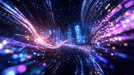 Poster - Dynamic abstract image of glowing particles and lights, creating an energetic urban atmosphere in a futuristic landscape.