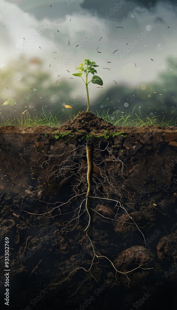 Symbolic earth cross section weed emerges amid sinister roots, hidden ...