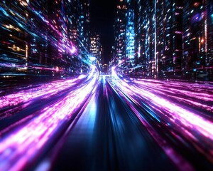Poster - Dynamic light trails in a bustling urban landscape at night, showcasing vibrant colors and modern city life.