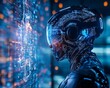 © Siripong - Futuristic robot with glowing circuitry interacting with advanced technology, set in a digital environment rich in data.