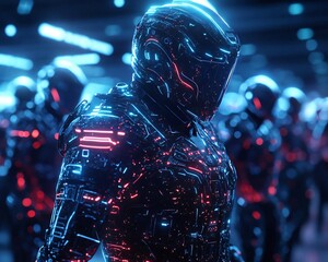 Poster - Futuristic robot in a neon-lit environment, showcasing advanced technology and sleek design. Perfect for sci-fi themes.