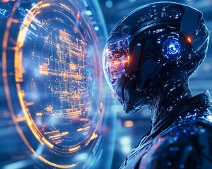 Poster - Futuristic robot interacts with advanced holographic interface in a cybernetic environment, showcasing cutting-edge technology.