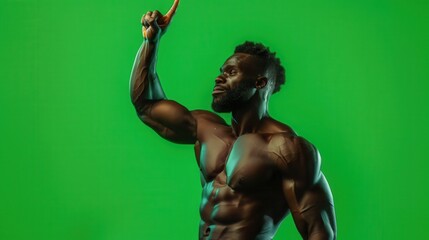 A muscular man directing his finger upwards, isolated on a neon green background, in sport-specific training gear, powerful and intense. 