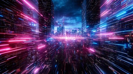 Poster - Vibrant cityscape with dynamic light trails, conveying a sense of speed and energy in a futuristic urban environment.