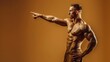 © RDO - A muscular man pointing straight to his right, isolated on a warm amber background, in weightlifting clothes, his focus evident.