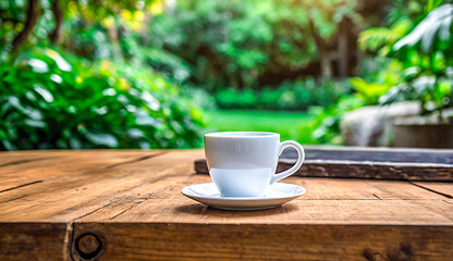 A white coffee cup sits on a rustic wooden table, with a blurred green garden in the background, creating a peaceful, serene outdoor setting.