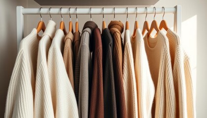 Women's clothing on hangers in wardrobe, closeup. Interior design, Rack with stylish clothes, closeup. Wardrobe interior design