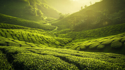 Wall Mural - Morning rays illuminate a lush green tea plantation, creating a serene natural backdrop. --ar 16:9 --v 6.1 Job ID: 8ae3baac-1826-4b35-b82f-c47421994302