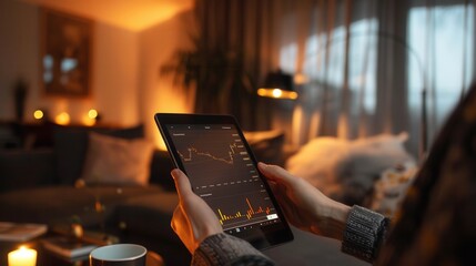 Leinwandbilder - Individual examines stock market data on a tablet while relaxing at home in the soft glow of evening light. Generative AI