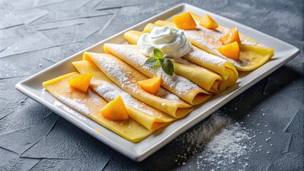 Delicious mango crepes topped with whipped cream and powdered sugar served on a rectangular plate, mango, crepes