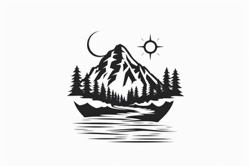 Wall Mural - Mountain and river emblem logo design with black outdoor nature line art icon vector illustration on white background