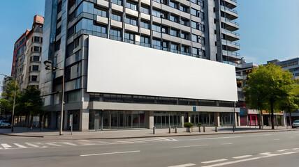 Modern building facade with blank billboards and street view.
