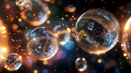Poster - a collection of 3D orbs floating in space, with varying sizes transparent surfaces. Each orb contains swirling patterns, creating a sense of depth and mystery, space science background, wallpaper