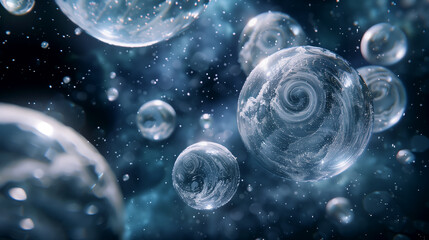 Poster - a collection of 3D orbs floating in space, with varying sizes transparent surfaces. Each orb contains swirling patterns, creating a sense of depth and mystery, space science background, wallpaper