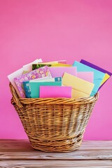 Wall Mural - Colorful greeting cards in wicker basket