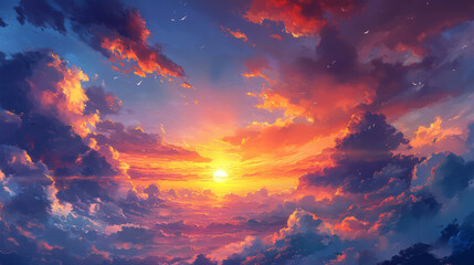 Wall Mural - The sky glows with brilliant colors as the sun sinks below the horizon, creating a breathtaking scene. --ar 16:9 --v 6.1 Job ID: c0809be4-db17-4a1c-8152-ad3036637314