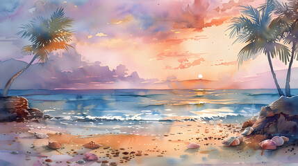 Poster - A vibrant watercolor of a tropical beach at sunrise, with palm trees swaying in the breeze, colorful seashells on the sand, and the sky painted in soft hues of pink, orange, and purple.