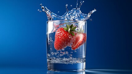 A vibrant splash of water with a fresh strawberry in a glass, set against a striking blue background, capturing refreshing moments.