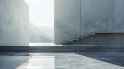 Poster - a staircase and a mountain view in the background