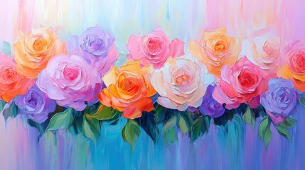 Wall Mural - A painting of a colorful bouquet with roses on it, AI